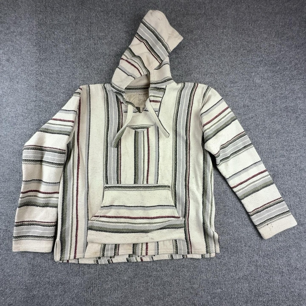 Senor Lopez Beige Striped Baja Hoodie Mens XL Mexican Kangaroo Pocket Twill